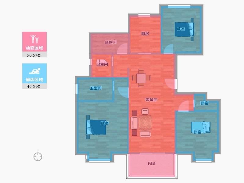 江苏省-南京市-红豆香江华庭2幢，C户型110m²-88.00-户型库-动静分区