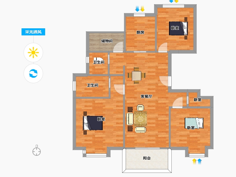 江苏省-南京市-红豆香江华庭2幢，C户型110m²-88.00-户型库-采光通风