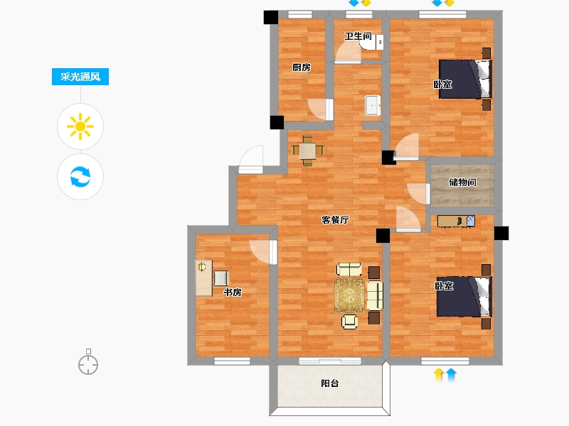 江苏省-南京市-淳东花园105m²-86.57-户型库-采光通风