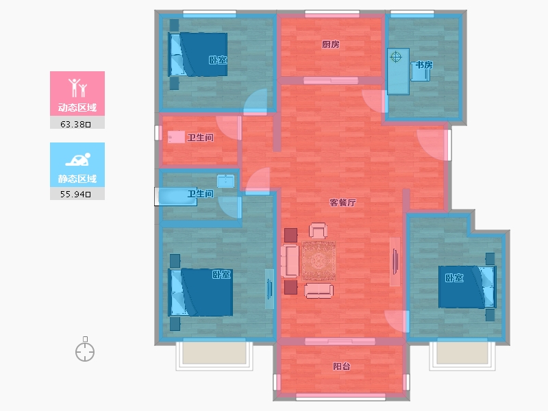 江苏省-南京市-樾山林语B户型133㎡-106.17-户型库-动静分区