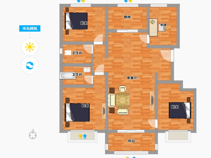 江苏省-南京市-樾山林语B户型133㎡-106.17-户型库-采光通风