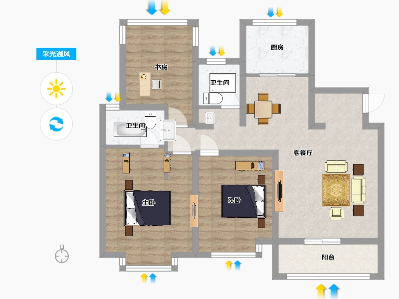 江苏省-南京市-弘阳燕澜七缙A户型110m²-87.84-户型库-采光通风