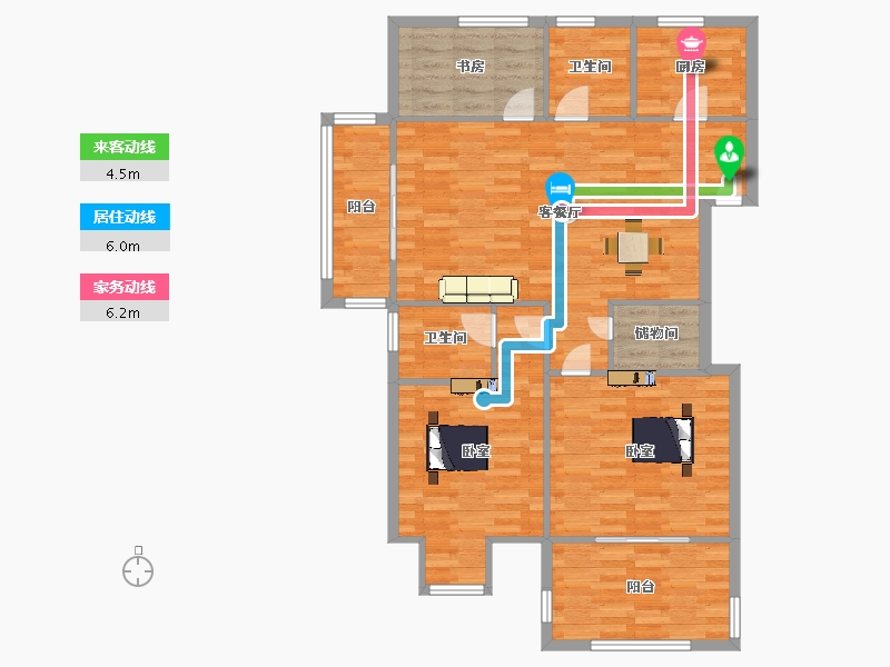 江苏省-南京市-万江共和新城26幢,25幢,27幢B1户型130m²-104.00-户型库-动静线