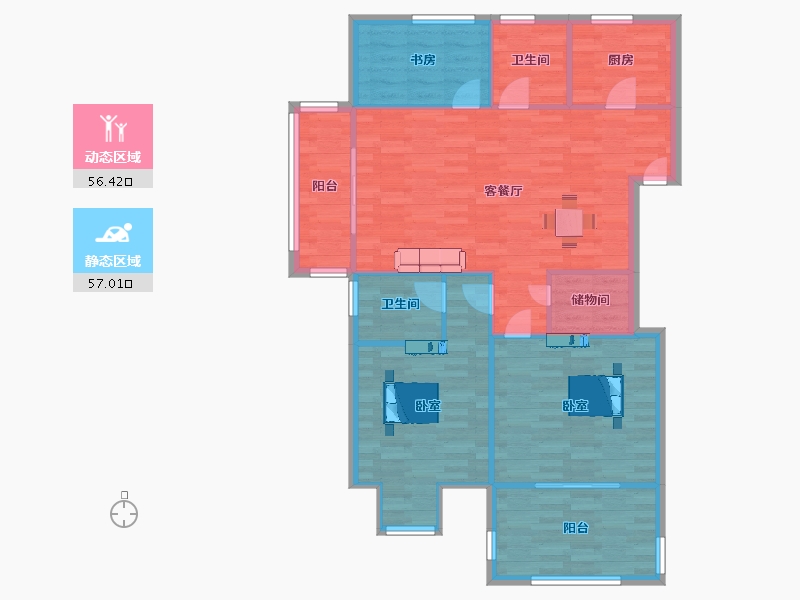 江苏省-南京市-万江共和新城26幢,25幢,27幢B1户型130m²-104.00-户型库-动静分区