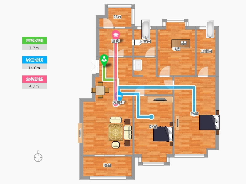 江苏省-南京市-通宇林景尊园02幢,07幢E户型123m²-97.99-户型库-动静线