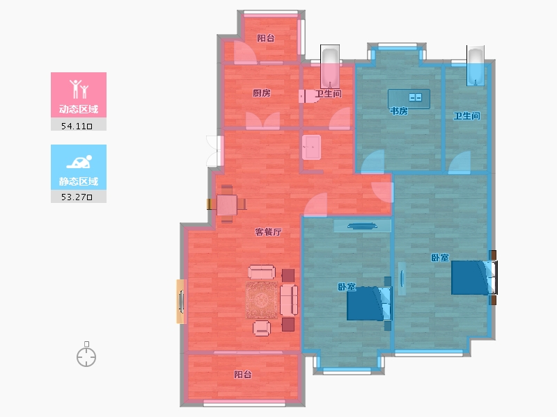 江苏省-南京市-通宇林景尊园02幢,07幢E户型123m²-97.99-户型库-动静分区