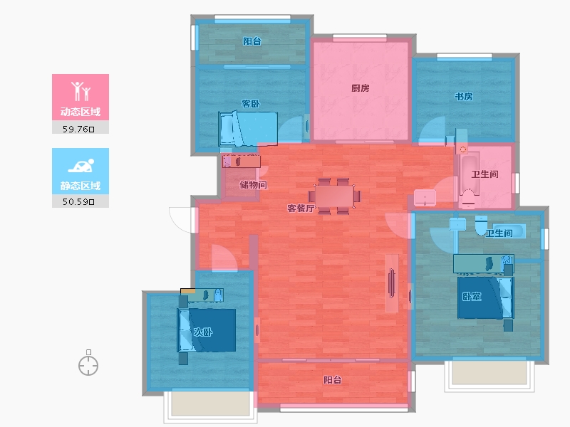 江苏省-南京市-江山荟3幢,9幢,5幢C1户型124m²-99.80-户型库-动静分区