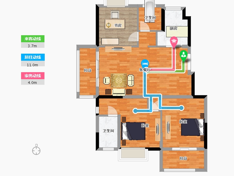 江苏省-南京市-通宇林景蘭园6,5栋F户型119m²-95.06-户型库-动静线