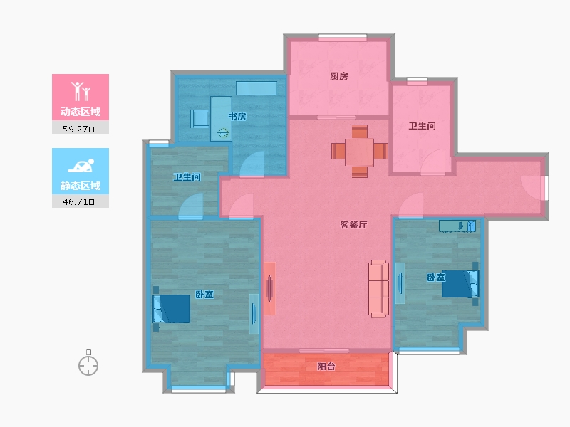 江苏省-南京市-风华府金地悦风华1幢,7幢,2幢C1户型121m²-96.99-户型库-动静分区