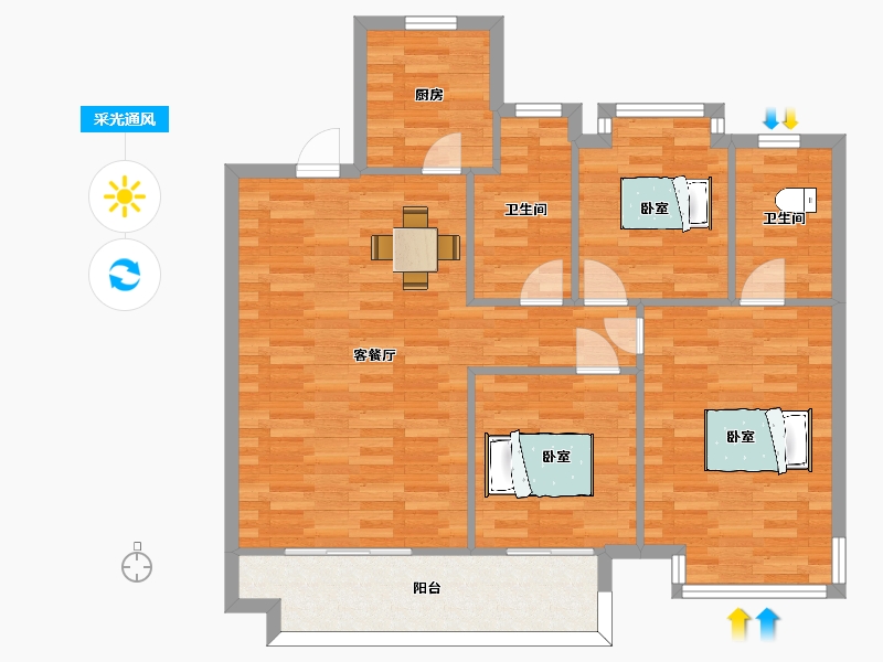 江苏省-南京市-水沐云筑3幢,A-4幢C户型115m²-91.99-户型库-采光通风