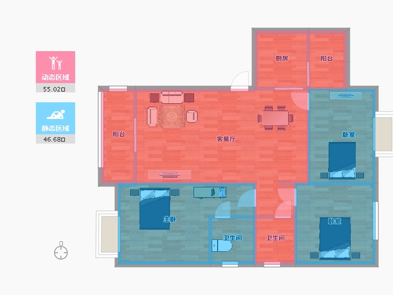 四川省-成都市-富堂金湾E2户型109m²-93.03-户型库-动静分区