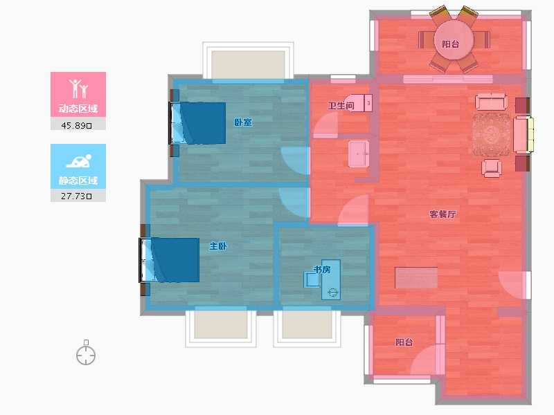 四川省-成都市-中洲天府珑悦1号楼,3号楼A户型85m²-65.55-户型库-动静分区