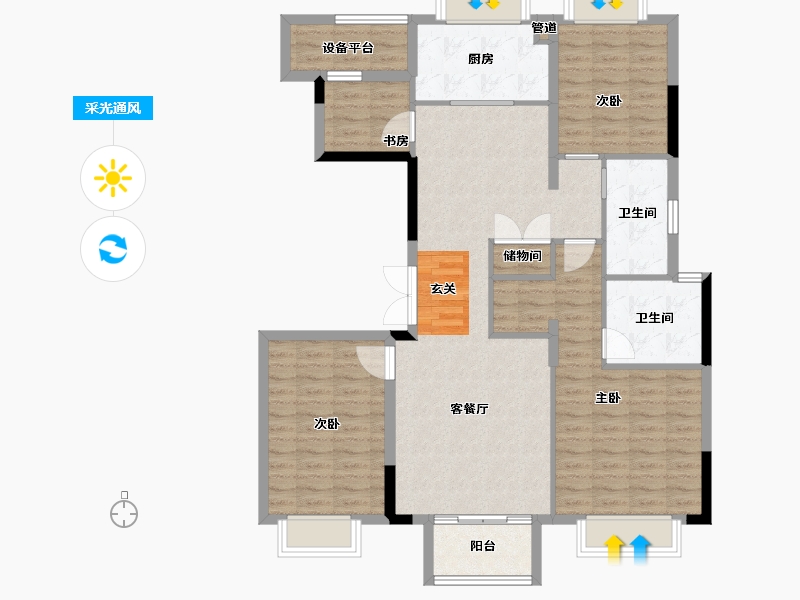 浙江省-杭州市-凤起钱潮Y-A户型137m²-113.31-户型库-采光通风