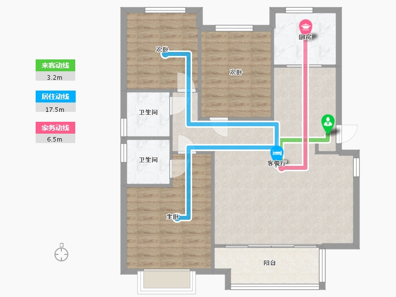 湖南省-长沙市-龙湖春江郦城（1,3,4,5,6,7）号楼建面B2户型130m²-96.53-户型库-动静线