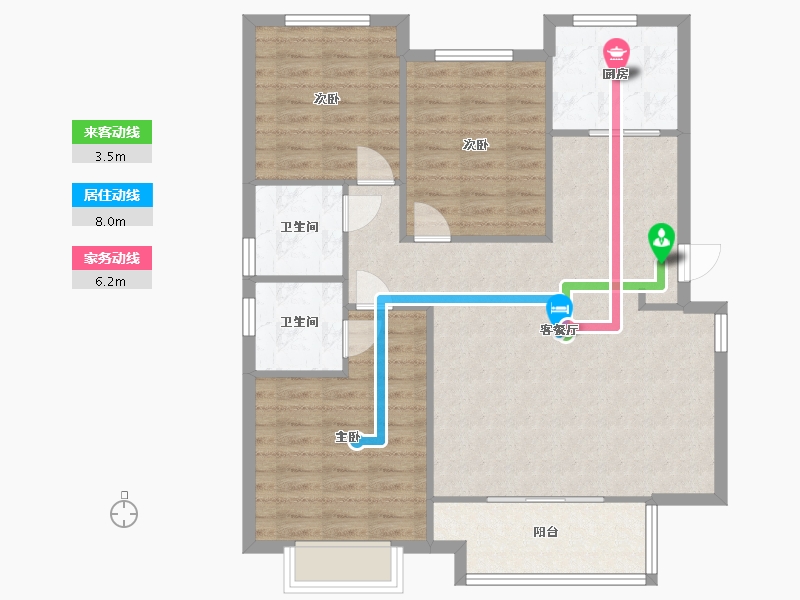 湖南省-长沙市-龙湖春江郦城（1,3,4,5,6,7）号楼建面B1户型130m²-96.18-户型库-动静线