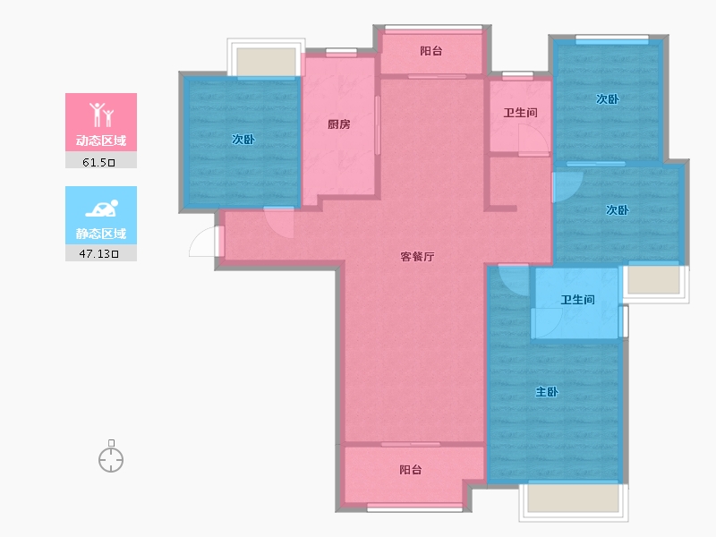 湖南省-长沙市-金地铂悦1号建面130m²-98.77-户型库-动静分区