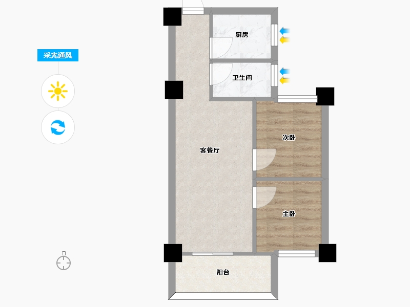 湖南省-长沙市-金轮星光名座A户型建面61m²-43.61-户型库-采光通风