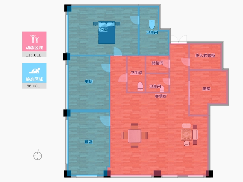 山东省-青岛市-中铁青岛中心B座B塔A-11号房235m²-187.72-户型库-动静分区