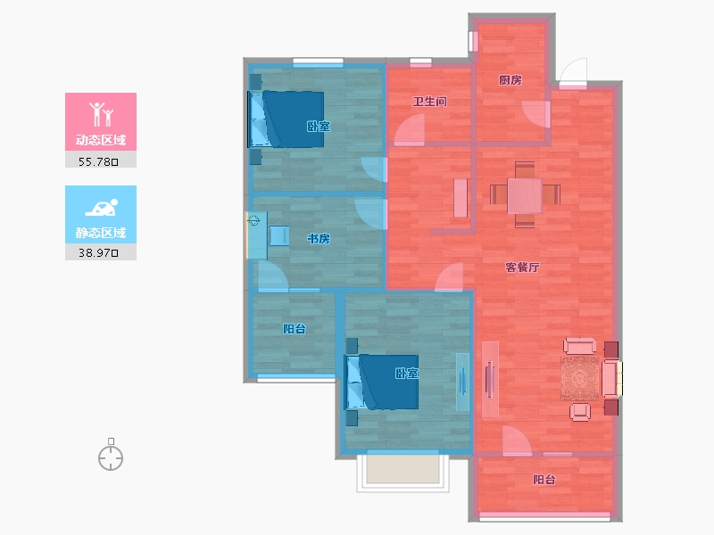 山东省-青岛市-泰山路99号二期2号楼C1户型108m²-86.00-户型库-动静分区