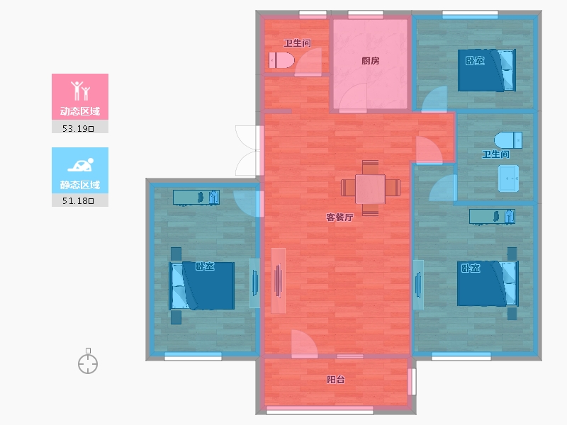 山东省-青岛市-城投悦动湾F户型119m²-95.00-户型库-动静分区