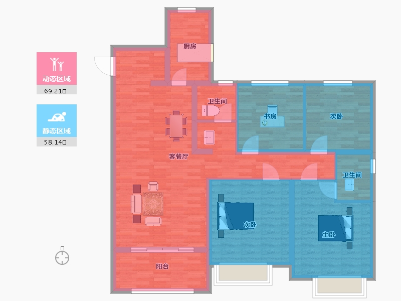 山东省-青岛市-远洋万和城5，1，2，3号楼B户型143m²-114.40-户型库-动静分区