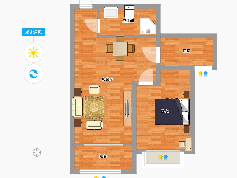 山东省-青岛市-明翠雅居1号楼D户型72m²-57.70-户型库-采光通风