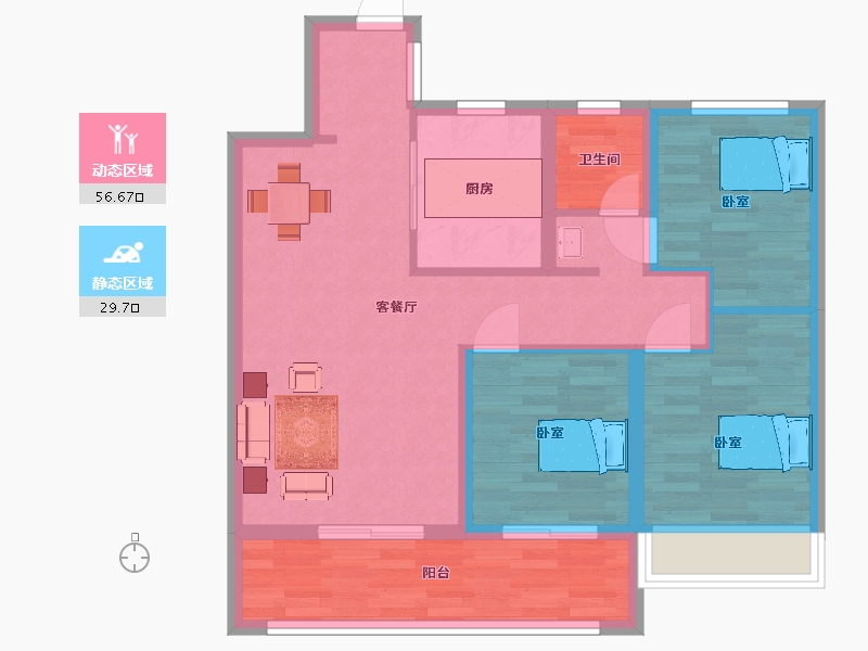 江苏省-苏州市-美的云筑2,9,11,12栋96m²-76.99-户型库-动静分区