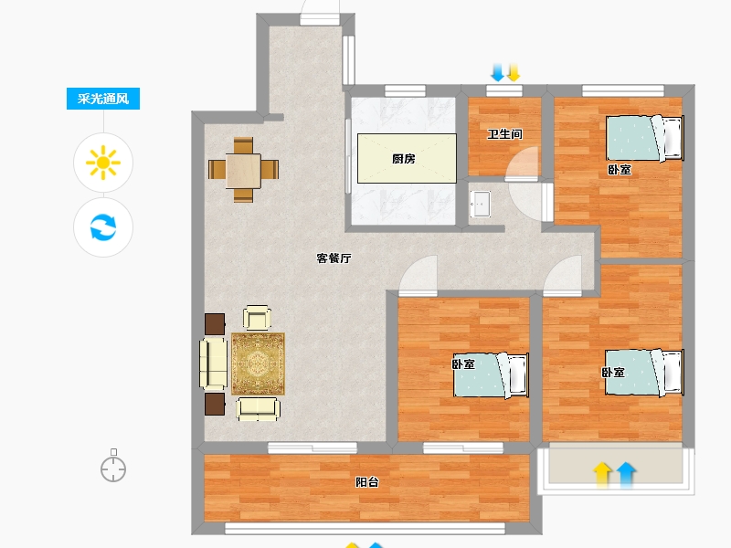 江苏省-苏州市-美的云筑2,9,11,12栋96m²-76.99-户型库-采光通风