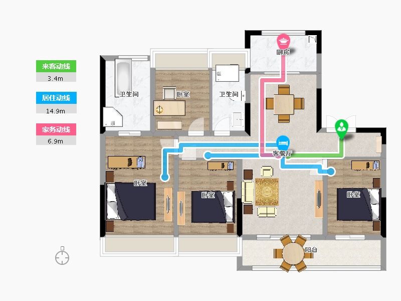 江苏省-苏州市-紫珺兰园2,3栋C户型143m²-113.99-户型库-动静线