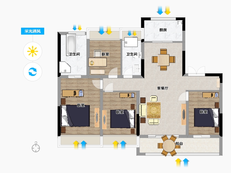 江苏省-苏州市-紫珺兰园2,3栋C户型143m²-113.99-户型库-采光通风