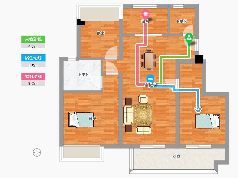 江苏省-苏州市-东原阅境2,12,7,13栋95m²-76.03-户型库-动静线