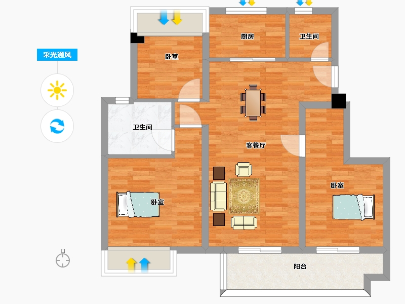 江苏省-苏州市-东原阅境2,12,7,13栋95m²-76.03-户型库-采光通风