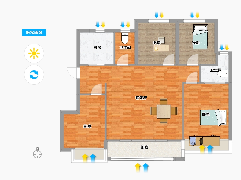 江苏省-苏州市-润元名著雅苑星月户型1,2,3栋118m²-93.99-户型库-采光通风