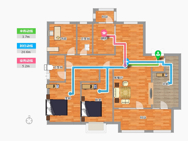 山东省-青岛市-昆仑首府16号楼D2户型144m²-115.19-户型库-动静线