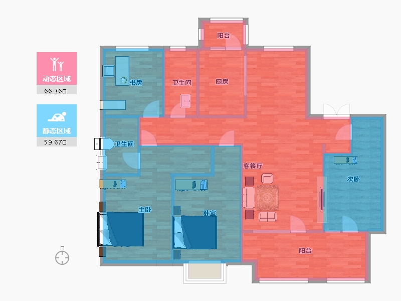 山东省-青岛市-昆仑首府16号楼D2户型144m²-115.19-户型库-动静分区