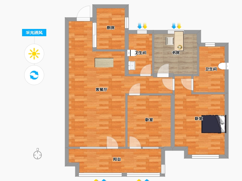 山东省-青岛市-实地蔷薇国际2,3,9,10号楼A108m²-86.00-户型库-采光通风