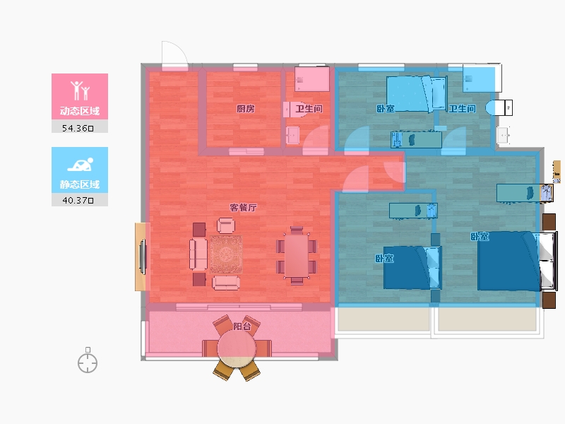 江苏省-苏州市-宽泰铂园9,12,15,16楼G户型106m²-85.00-户型库-动静分区