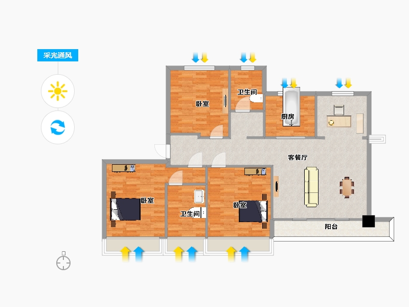 江苏省-苏州市-宽泰铂园10号楼C户型143m²-113.91-户型库-采光通风