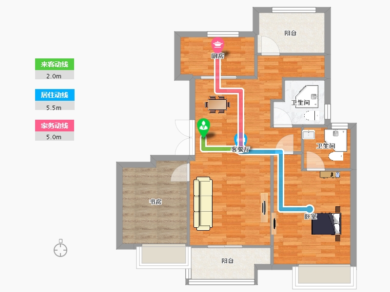 江苏省-苏州市-禹洲嘉荟星岛星耀B2户95m²-76.36-户型库-动静线