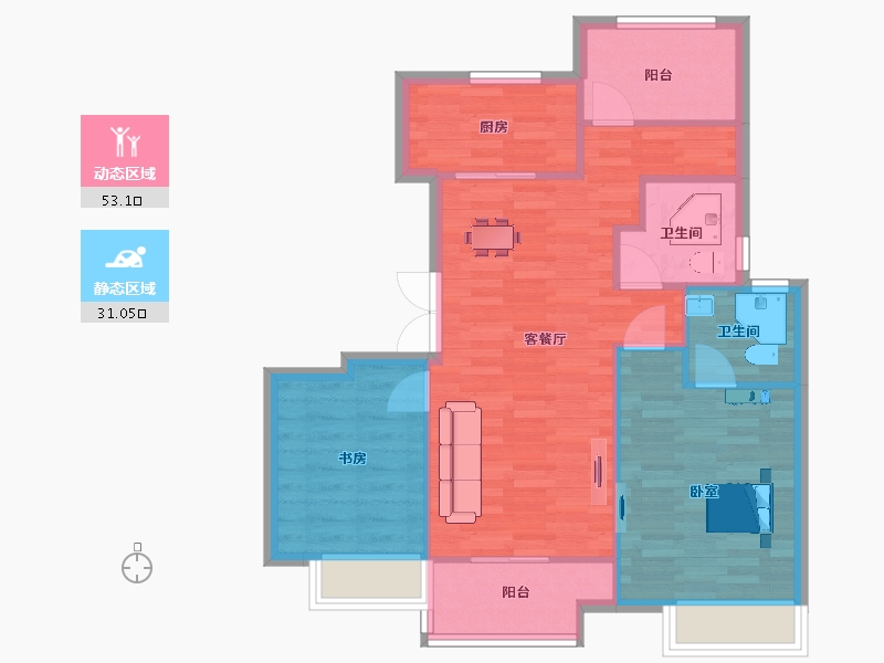 江苏省-苏州市-禹洲嘉荟星岛星耀B2户95m²-76.36-户型库-动静分区