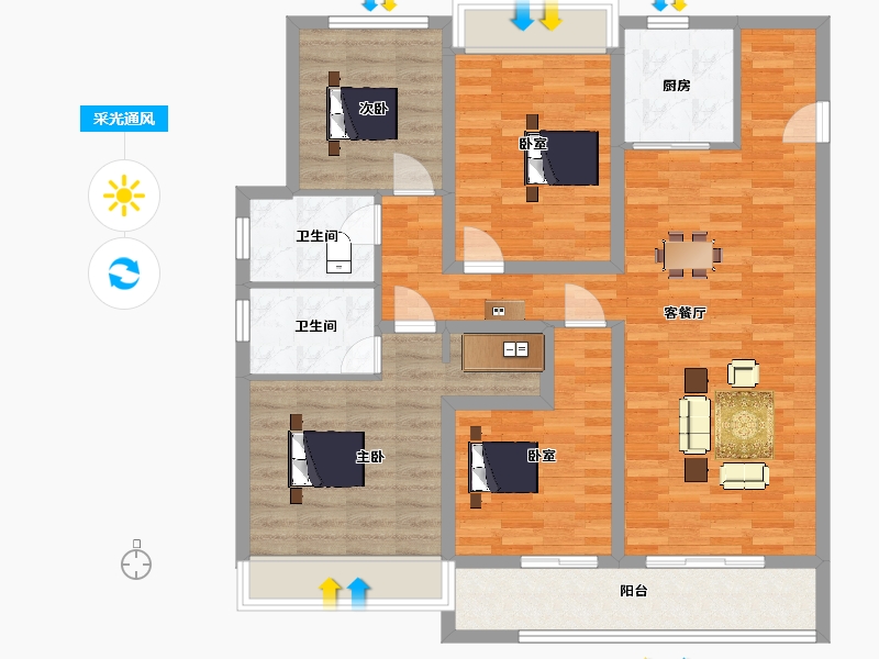 江苏省-苏州市-荷岸晓风A3户型140m²-112.00-户型库-采光通风