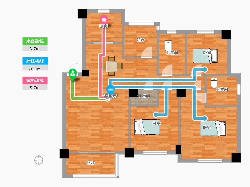 江苏省-苏州市-悦湖美郡1号楼高层标准层A户型132m²-105.00-户型库-动静线