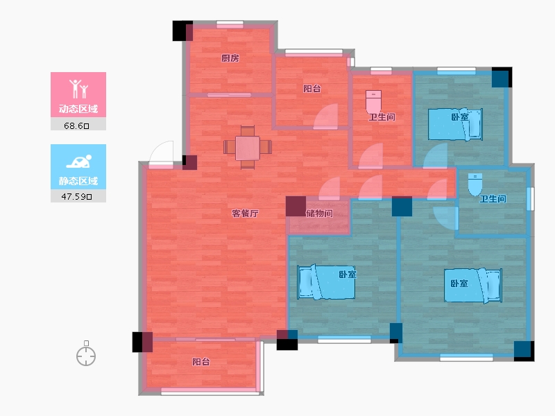 江苏省-苏州市-悦湖美郡1号楼高层标准层A户型132m²-105.00-户型库-动静分区