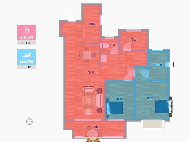 江苏省-苏州市-新城十里锦绣31,33幢,A户型109m²-87.36-户型库-动静分区