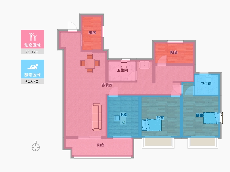 江苏省-苏州市-新城十里锦绣31幢,33幢D户型129m²-100.57-户型库-动静分区