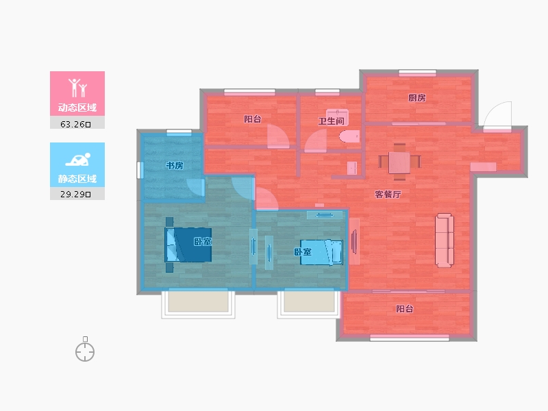 江苏省-苏州市-新城十里锦绣1,2,4,7,11幢A105m²-83.99-户型库-动静分区