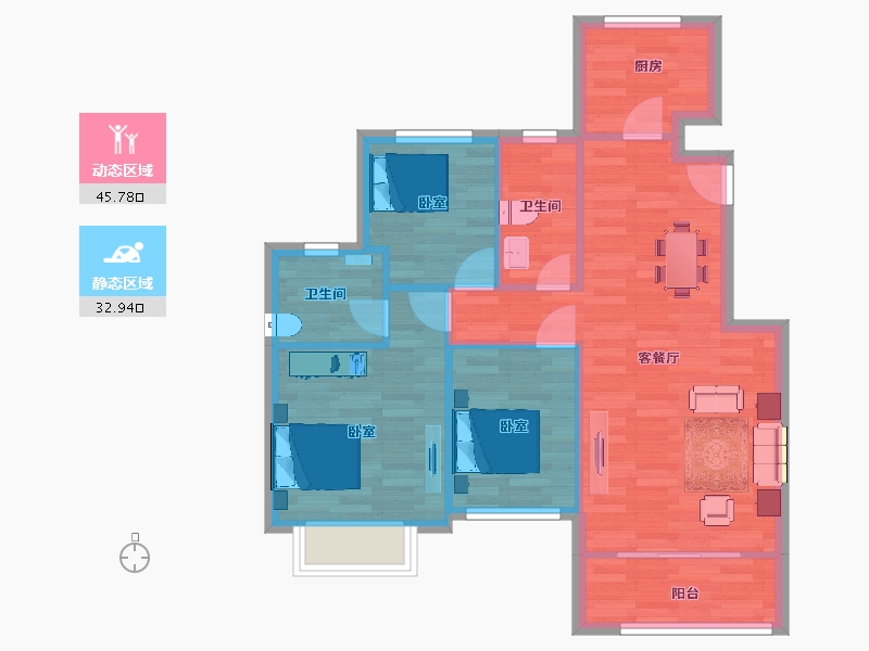 江苏省-苏州市-龙光玖誉湾雅阁4,5栋B户型95m²-71.00-户型库-动静分区