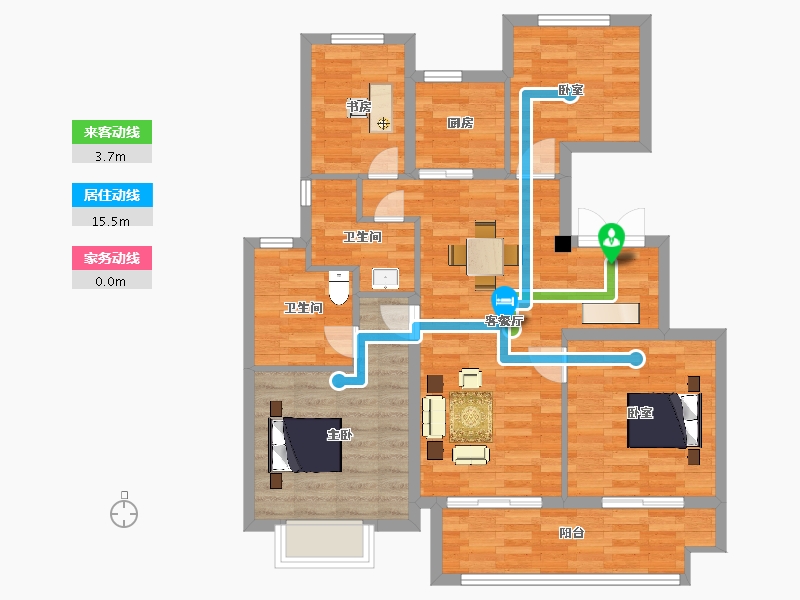 江苏省-苏州市-中交九雅花园8,5栋B户型117m²-93.96-户型库-动静线