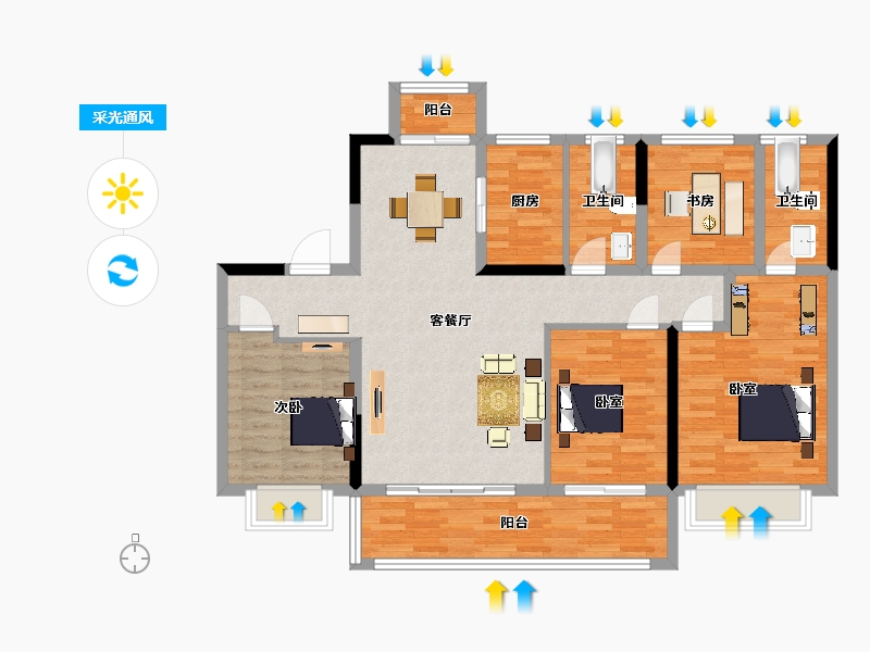 江苏省-苏州市-新希望锦麟云境7栋A户型140m²-112.11-户型库-采光通风