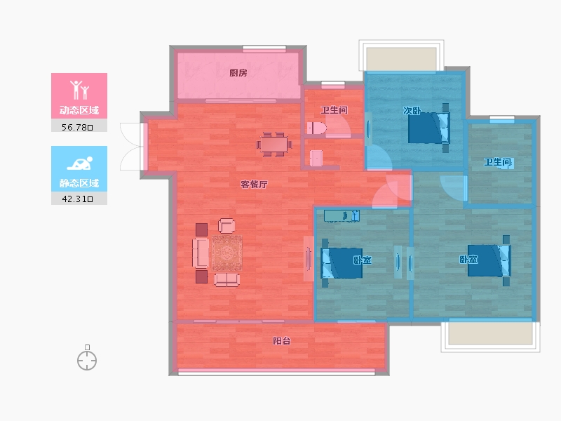 江苏省-苏州市-鲁能公馆17栋G3户型114m²-90.99-户型库-动静分区